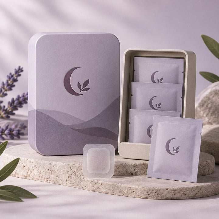 The patch box and sachet on a lavender background